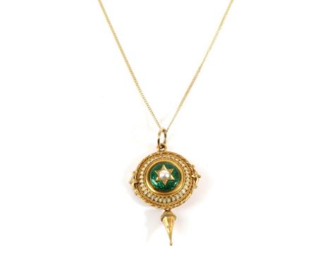 A Victorian Split Pearl and Enamel Pendant, on Chain, a star set split pearl within a green and white enamel dome border, wit
