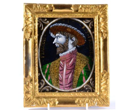 A Limoges Enamel Plaque, in 16th century style, painted with a bust portrait of FRANCOIS I ROI FRANCE within foliate spandrel