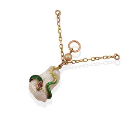 A Circa 1890 Pearl and Enamel Pendant, a baroque pearl with an applied coiled snake, in green enamel and with a ruby set head