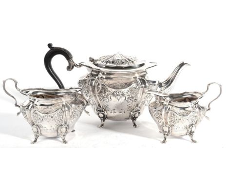 An Edwardian Silver Three Piece Bachelor's Tea Service, William Mammatt & Son, Sheffield 1902, shaped oval with scrolling fol