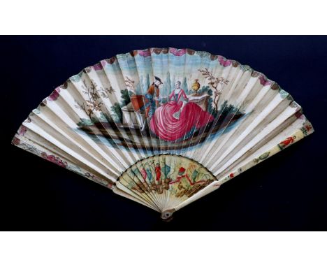 A Striking 18th Century Courting Fan, ivory monture, the gorge painted with chinoiserie, the guards in a similar fashion with