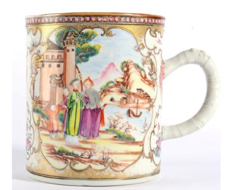 A Chinese Porcelain Mug, Qianlong, with bamboo handle, painted in famille rose enamels with figures in European style landsca