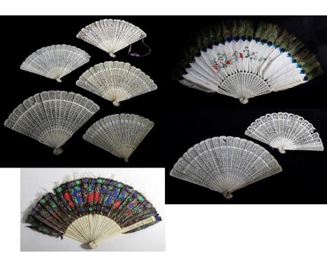 A Good And Large19th Century Chinese Carved Bone Fan, Qing Dynasty, lightly carved and pierced, mounted with white feathers d