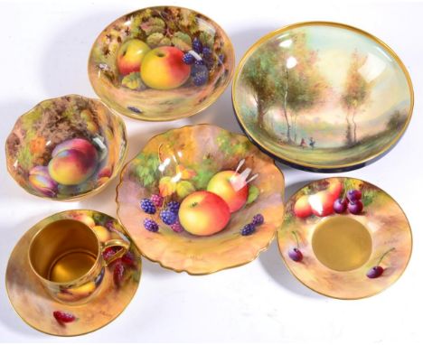 A Royal Worcester Porcelain Small Bowl, painted by Tom Lockyer, 1924, with fruit on a mossy bank, signed, printed mark in puc
