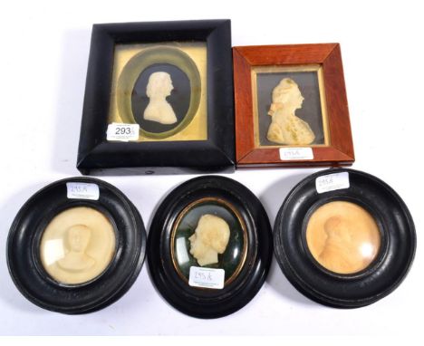 Leslie Ray: A Wax Relief Bust Portrait of a Regency Dandy, 9.5cm high, in a glazed wooden frame; and Four Various Wax Relief 