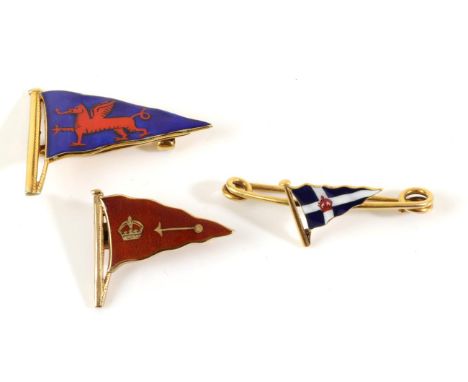 A 9 Carat Gold Enamel Royal Anglesey Yacht Club Burgee Brooch, a Royal Dart Yacht Club Burgee Brooch and a Royal Thames Yacht