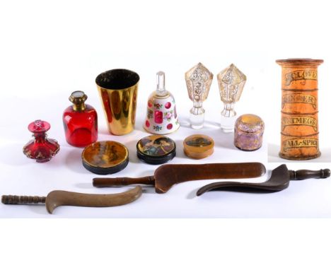 A Treen Four Tier Spice Tower, 19th century, of cylindrical form with labels inscribed CLOVES, GINGER, NUTMEG and ALL-SPICE, 
