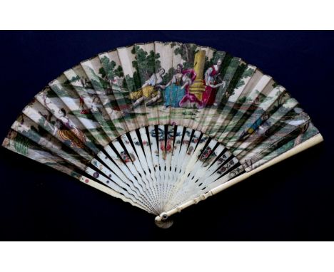 An 18th Century Printed Fan, hand coloured, the slender ivory monture fairly plain with some simple shaping. The gorge is fur