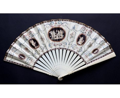 An 18th Century Ivory Fan, with cream vellum leaf, mounted à l'Anglaise, the monture quite plain save for some shaping to the