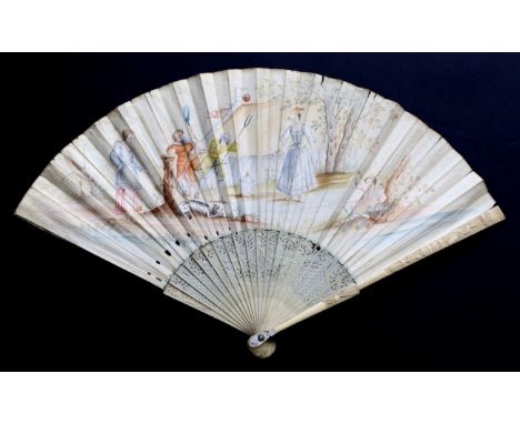 An Early to Mid-18th Century Ivory Fan, the gorge and guards well carved and pierced, the gorge with figures and birds. The v