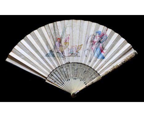 Erminia Seeking Tancred: An Early 18th Century Ivory Fan, the monture elaborately piqué with steel in various sizes and shape