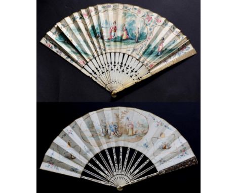 A Mid-18th Century Ivory Fan, with simple guards and a band of piercing across the centre of the gorge. The cream leaf mounte