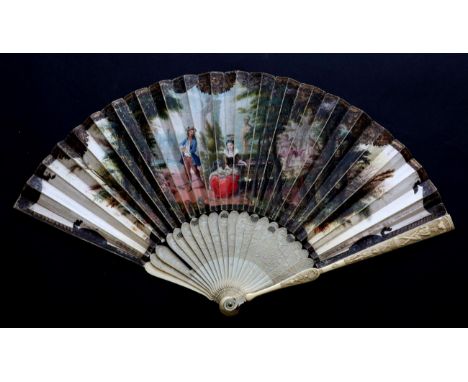 Rural Romance: An Early 18th Century Ivory Fan, with bulbous head, fine and intricate carving of figures and animals to the m