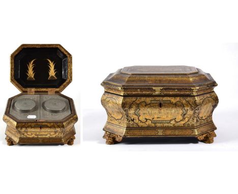 A Chinese Export Lacquer Tea Caddy, early 19th century, of canted rectangular form, decorated in gilt with landscapes in pane