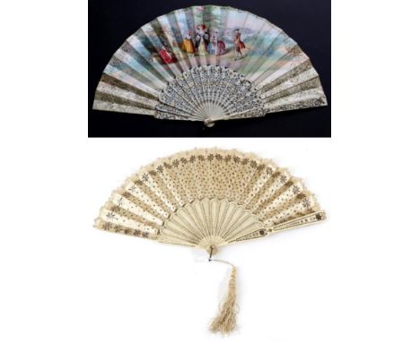 A Late 19th Century Ivory Fan, with elaborate monture, gilded and silvered, carved and pierced, and double paper leaf. The re