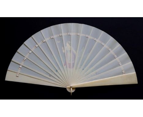 A Late 19th Century Ivory Brisé Fan, with wide sticks, the recto painted with a country maiden finger outstretched to encoura