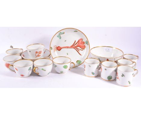 A Spode Porcelain Tea and Coffee Service, circa 1815, painted in green, orange and gilt with scattered insects, shells and fl