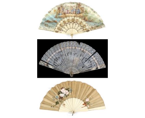 A 3rd Quarter 19th Century Ivory Fan, the monture plain, excepting where the spray of roses painted onto the double silk leaf