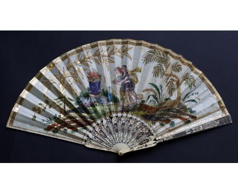 A Regency Ivory Fan, circa 1810-20, with silvering and gilding, carving and piercing to the monture. Barrel rivet. The silk l