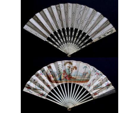 A Mid-18th Century Ivory Fan, the double paper leaf elegantly embroidered with silver sequins. The verso is ostensibly plain 