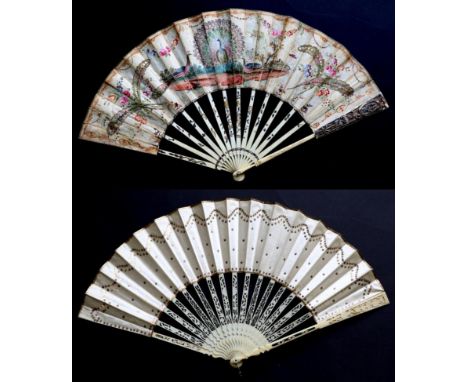 A Mid-18th Century Ivory Fan, with deeply carved upper guards and lightly carved gorge, all silvered and gilded. The double l