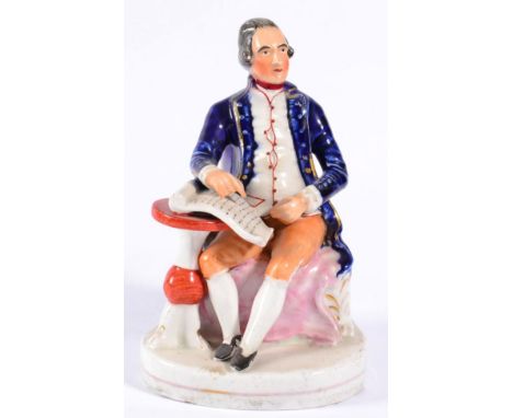 A Staffordshire Pottery Figure of Captain James Cook, mid 19th century, seated beside a table with a manuscript, on a gilt li