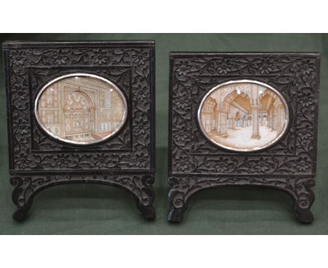 Indian School, 19th century: A Pair of Miniature Architectural Studies, watercolour, oval, 5.5cm by 6.5cm, in carved hardwood