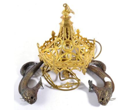 A Gilt Metal Light Fitting, in Gothic style, with leaf shaped scroll chains and cast and pierced tracery body, 24cm wide; and