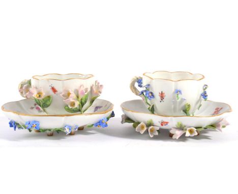 A Matched Pair of Meissen Porcelain Floral Encrusted Cabinet Cups and Saucers, late 19th century, naturalistically painted an