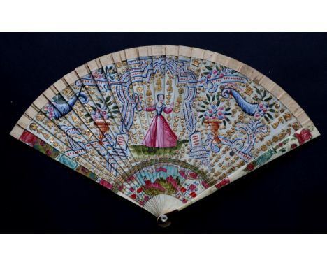 A Fine 18th Century Ivory or Bone Brisé Fan, painted in bright blues and pink, further embellished with applied gold foil in 