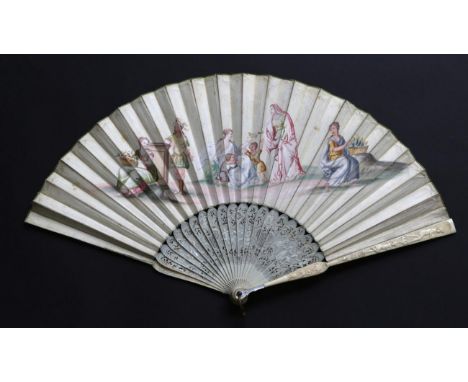 A Finely Carved Early 18th Ivory Fan, the guards with figures, flowers and mother-of-pearl thumb guards, the gorge with elega