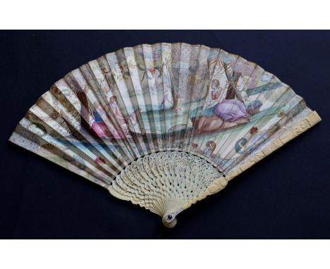 O To Catch A Tiny Bird…: A Fine Early 18th Century Ivory Fan, with carved and pierced monture, the guards each with two figur