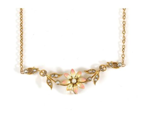An Early Twentieth Century Seed Pearl and Enamel Necklace, a flower head with a central seed pearl and pink enamel petals wit