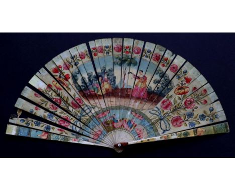 An 18th Century Ivory Brisé Fan, with twenty-seven inner sticks and two guards, the whole painted in pastel colours with a yo