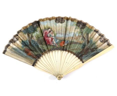 An Early 18th Century Ivory Fan, with fairly bulbous head, and plain monture. The double leaf is painted in strong greens, bl