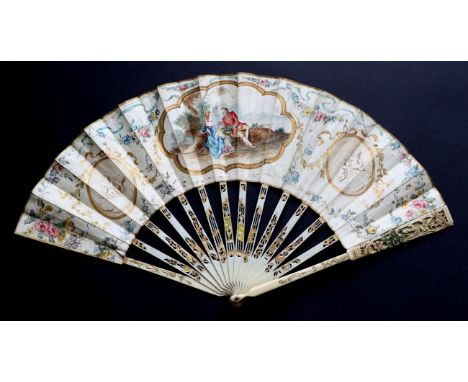 A Mid-18th Century Ivory Fan, with velum leaf mounted à l'Anglaise, the upper guards carved and pierced with a figure, bird a