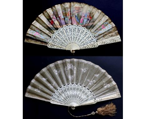 A Circa 1880 Ivory Fan, the gorge well and regularly pierced, the guards featuring unusual rope effect panels, all inset with