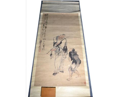 A Chinese Scroll Painting, depicting a fisherman and attendants and with calligraphy, seal mark, 158cm by 84cm