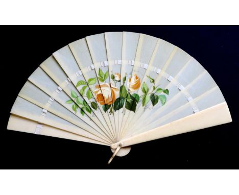 A Late 19th Century Ivory Brisé Fan, with wide sticks, painted with an attractive spray of apricot roses, buds and leaves. Fi