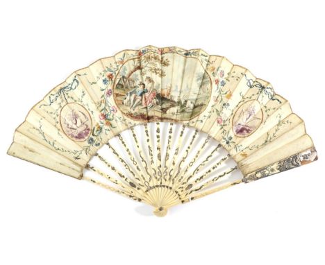 A Mid-18th Century Dutch Ivory Fan, the velum leaf mounted à l'Anglaise, the monture gilded and silvered with small detail to