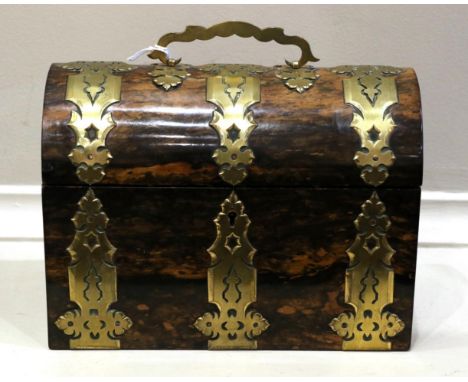 A Victorian Brass Bound Coromandel Tea Caddy, of domed top rectangular form, containing two domed top canisters inscribed Bla
