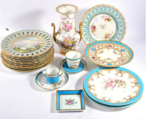 A Set of Six Copeland Porcelain Dessert Plates, circa 1870, painted with lakeland scenes within pierced borders, printed mark