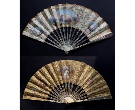 A Mid-18th Century French Ivory Fan, the monture silvered and gilded, carved and pierced. The double leaf depicts a gathering