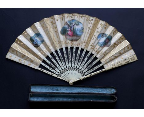 A Mid-18th Century French Fan, the monture of carved and pierced ivory, the upper guards featuring a figure, the gorge sticks