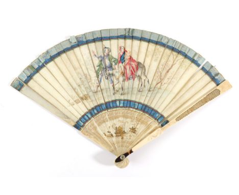 An 18th Century Ivory Brisé Fan, with chinoiserie monture, the gorge delicately painted in gold, the guards both carved and p