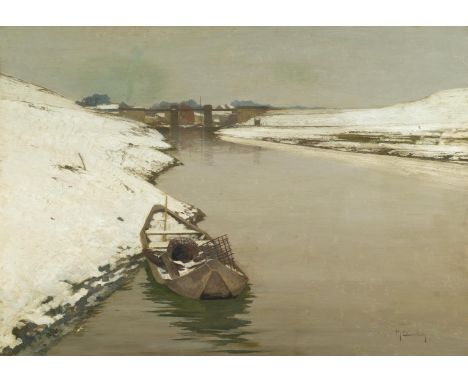 CLARENBACH, MAX1880 Neuss - 1952 Wittlaer/DüsseldorfTitel: Große Rhein-Landschaft. Technik: Öl auf Leinwand. Montierung: Doub
