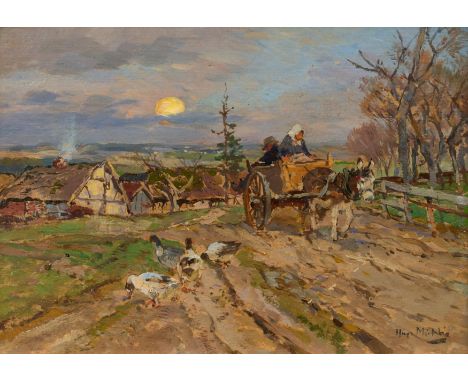 MÜHLIG, HUGO1854 Dresden - 1929 DüsseldorfTitel: Abend bei Harscheid in der Eifel. Technik: Öl auf Karton. Maße: 13,5 x 19cm.