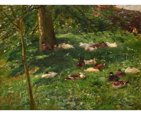 MÜHLIG, HUGO1854 Dresden - 1929 DüsseldorfTitel: Enten im Baumschatten. Technik: Öl auf Karton. Maße: 36 x 48cm. Bezeichnung: