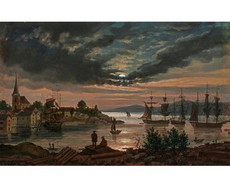 DAHL, JOHANN CHRISTIAN CLAUSEN1788 Bergen - 1857 DresdenTitel: "Larvik im Mondschein". Datierung: Um 1840. Technik: Öl auf Le