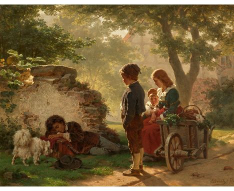 BOSCH, ERNST1834 Krefeld - 1917 DüsseldorfTitel: "Fern der Heimat. Drei Bauernkinder betrachten einen an der Mauer schlafende